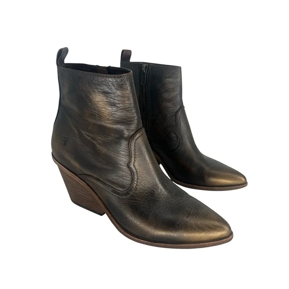 Frye‎ Amado Wedge Ankle Bootie Bronze Brown Leather 7.5